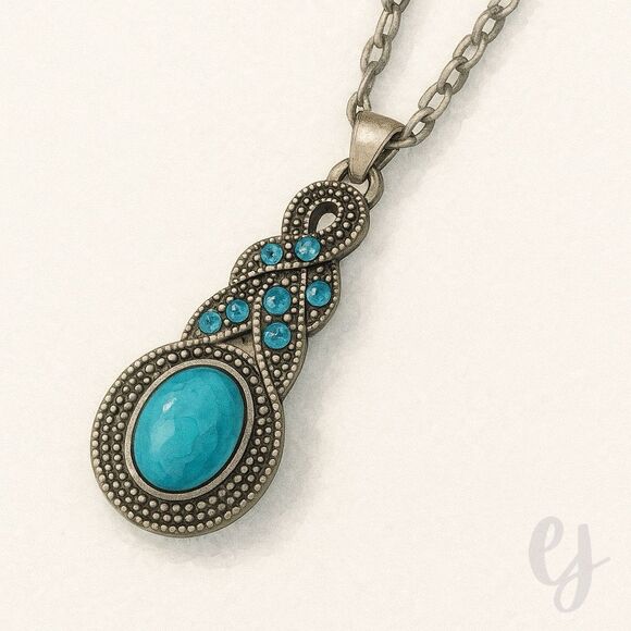 The Mavi Turquoise Blue Cabochon Pendant Necklace in Silver Tone - Picture 1 of 11